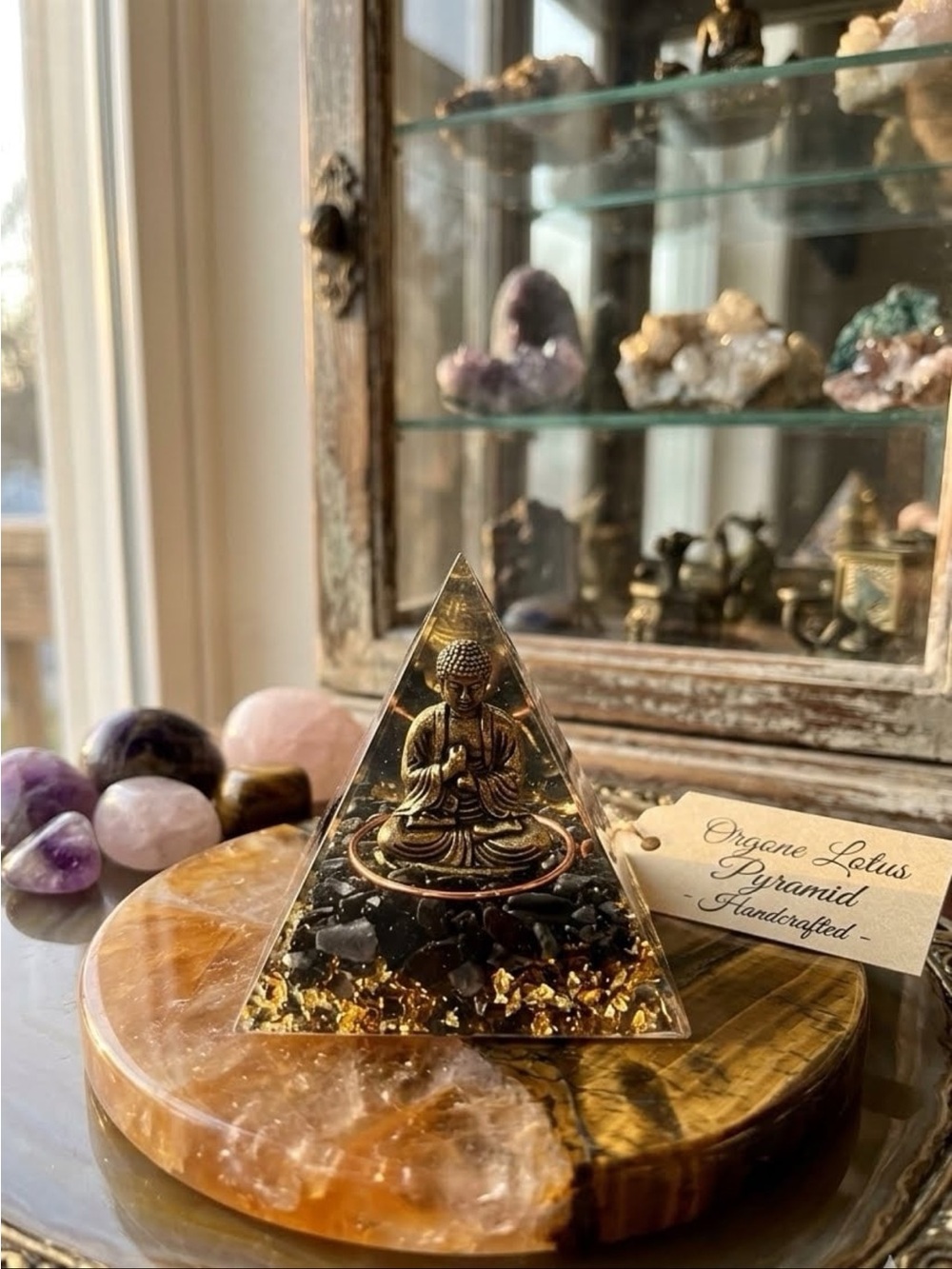 Orgone Lotus Pyramid with Buddha Figurine - Black & Gold
